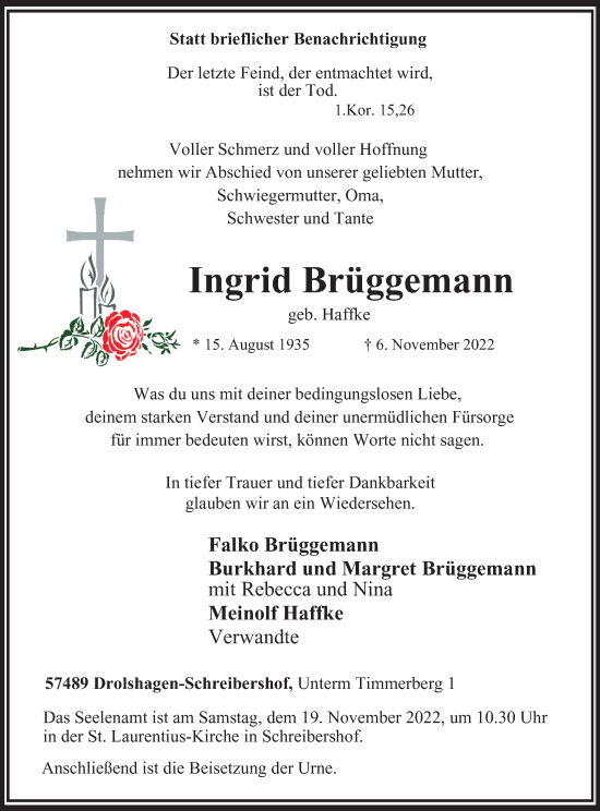 Traueranzeige von Ingrid Brüggemann von Tageszeitung