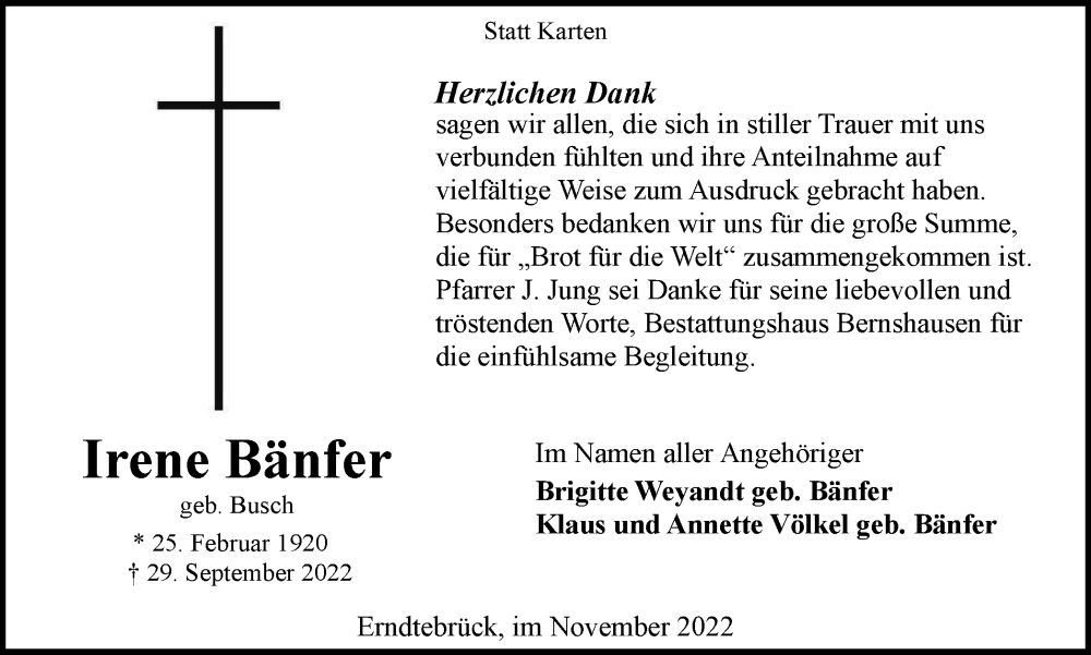  Traueranzeige für Irene Bänfer vom 19.11.2022 aus Tageszeitung
