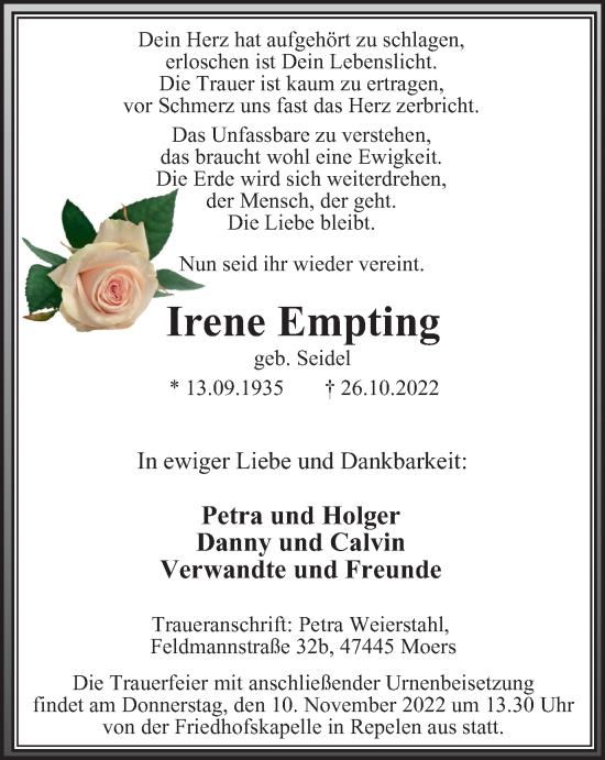 Traueranzeige von Irene Empting von Tageszeitung