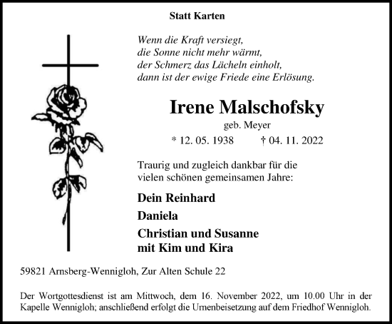 Traueranzeige von Irene Malschofsky von Tageszeitung