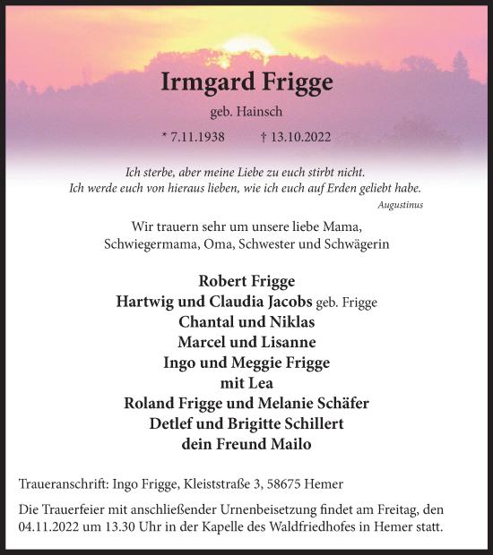 Traueranzeige von Irmgard Frigge von Tageszeitung