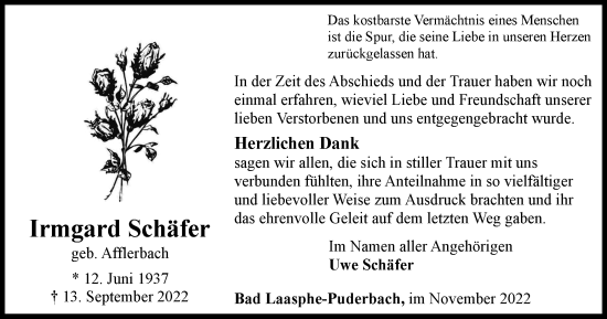 Traueranzeige von Irmgard Schäfer von Tageszeitung