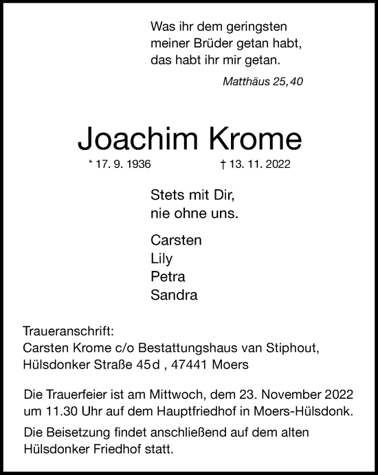 Traueranzeige von Joachim Krome von Tageszeitung