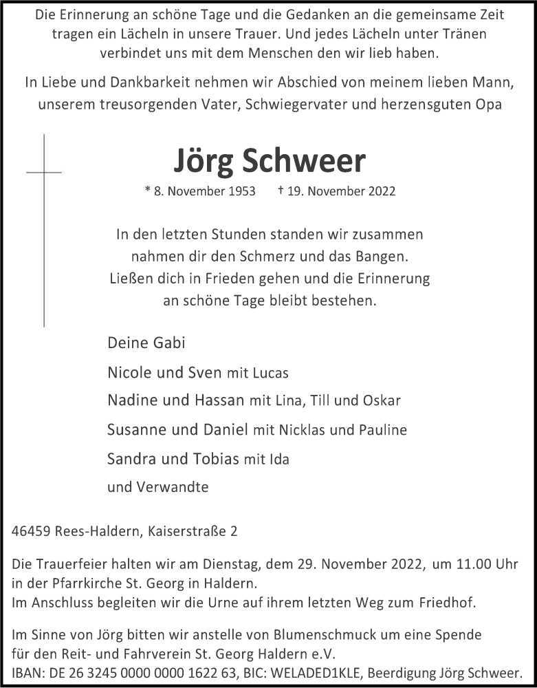 Traueranzeige für Jörg Schweer vom 26.11.2022 aus WVW Anzeigenblätter