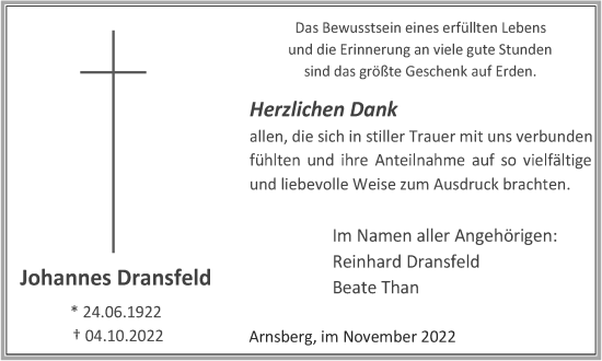 Traueranzeige von Johannes Dransfeld von Tageszeitung