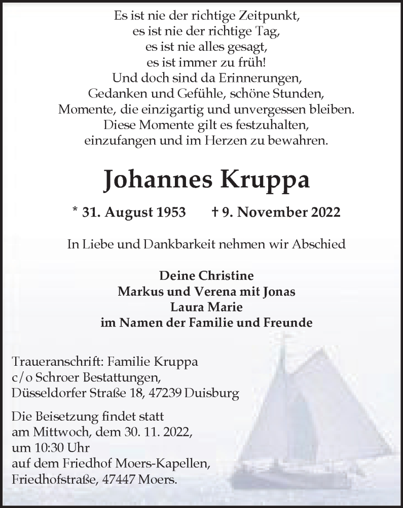  Traueranzeige für Johannes Kruppa vom 19.11.2022 aus Tageszeitung