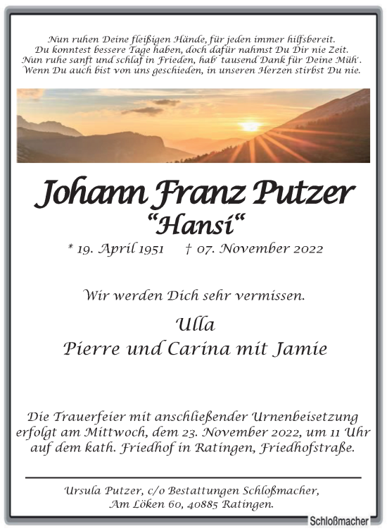 Traueranzeige von Johann Franz Putzer von Tageszeitung