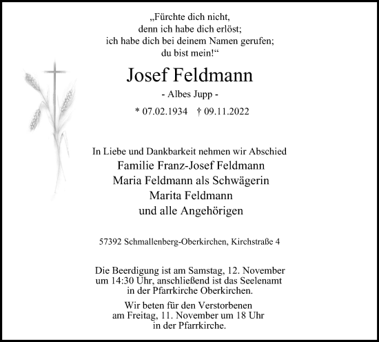 Traueranzeige von Josef Feldmann von Tageszeitung