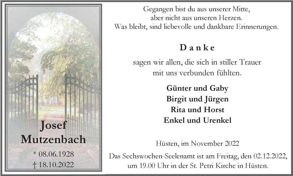  Traueranzeige für Josef Mutzenbach vom 26.11.2022 aus Tageszeitung