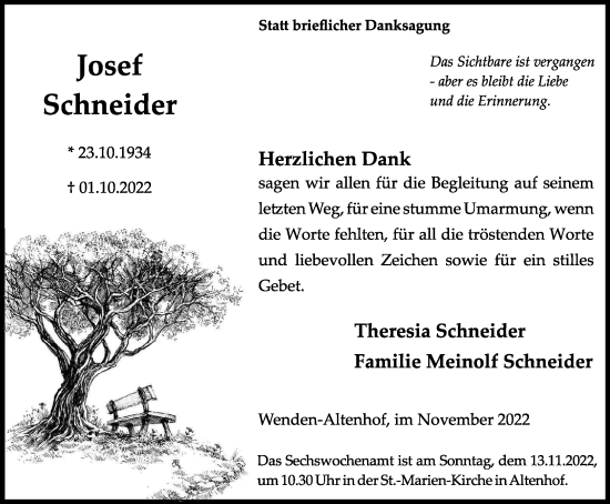 Traueranzeige von Josef Schneider von Tageszeitung