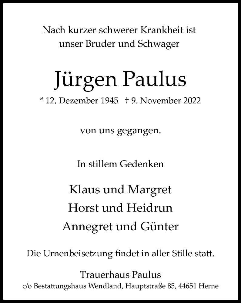  Traueranzeige für Jürgen Paulus vom 26.11.2022 aus WVW Anzeigenblätter