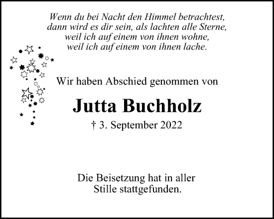 Traueranzeige von Jutta Buchholz von Tageszeitung