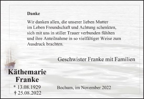Traueranzeige von Käthemarie Franke von Tageszeitung