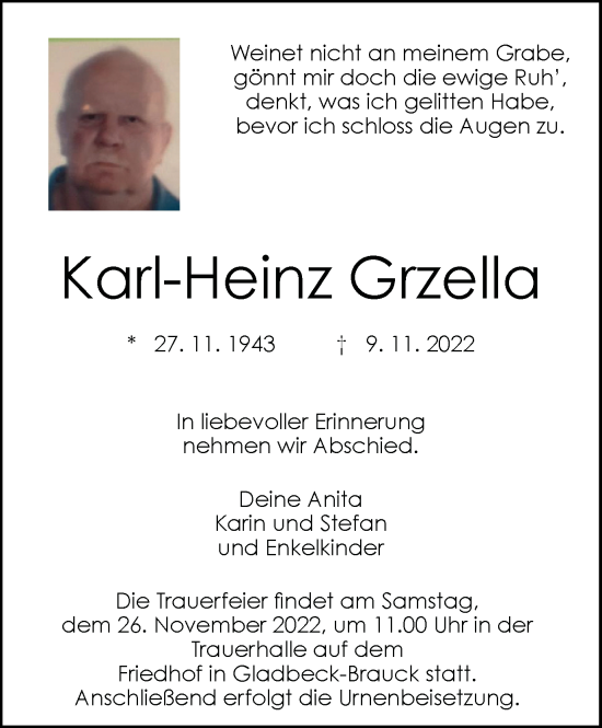 Traueranzeige von Karl-Heinz Grzella von WVW Anzeigenblätter
