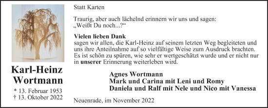 Traueranzeige von Karl-Heinz Wortmann von Tageszeitung