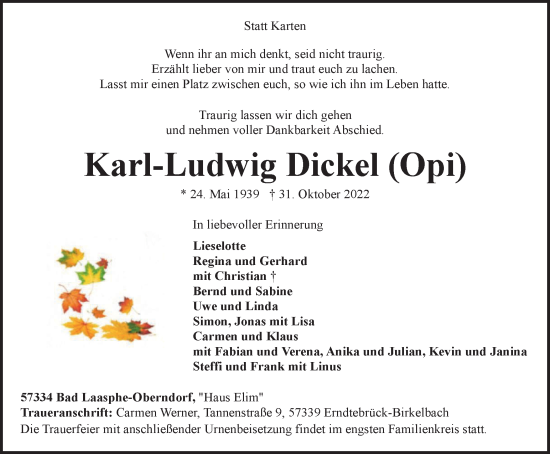 Traueranzeige von Karl-Ludwig Dickel von Tageszeitung