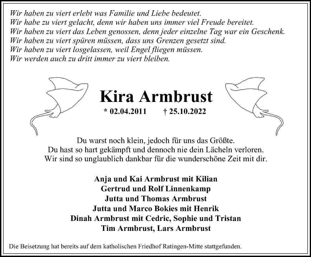  Traueranzeige für Kira Armbrust vom 12.11.2022 aus Tageszeitung
