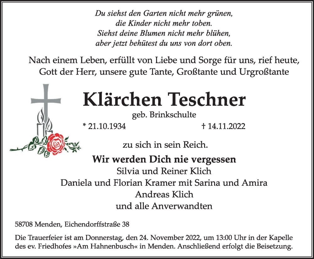  Traueranzeige für Klärchen Teschner vom 19.11.2022 aus WVW Anzeigenblätter
