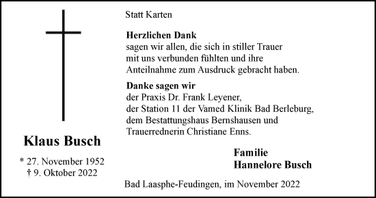 Traueranzeige von Klaus Busch von Tageszeitung