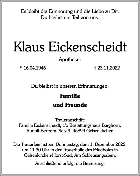 Traueranzeige von Klaus Eickenscheidt von Tageszeitung