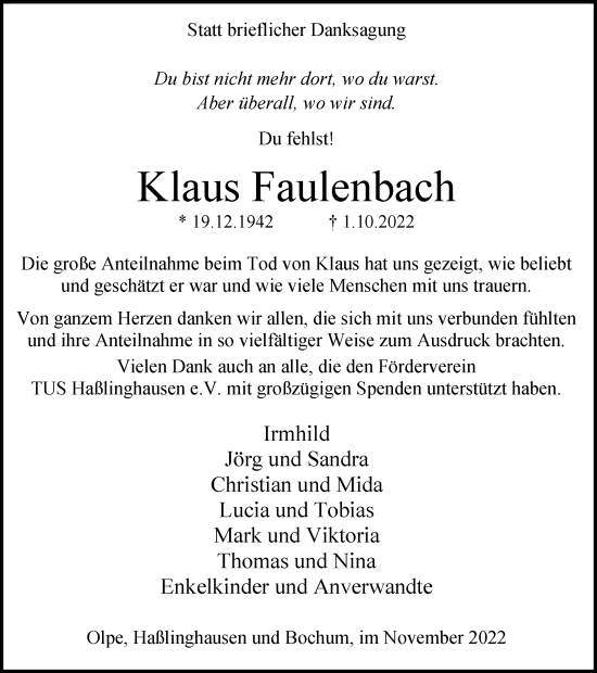 Traueranzeige von Klaus Faulenbach von Tageszeitung
