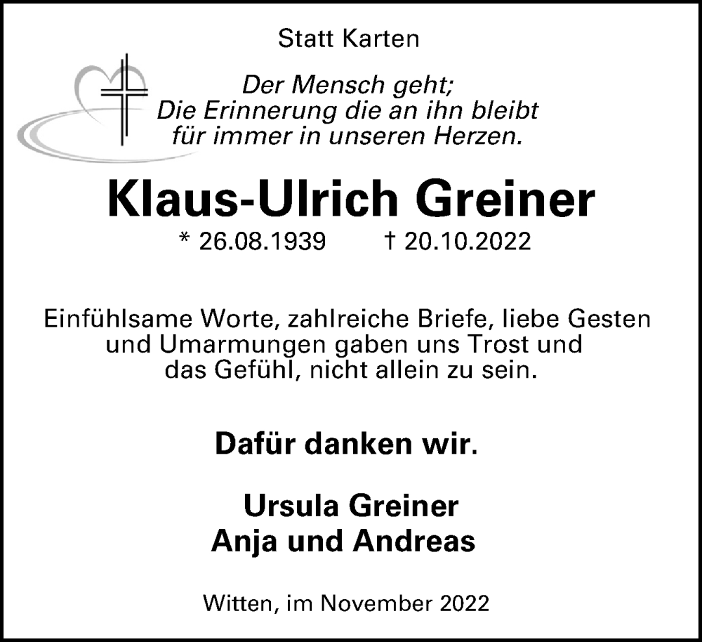 Traueranzeige für Klaus-Ulrich Greiner vom 19.11.2022 aus Tageszeitung