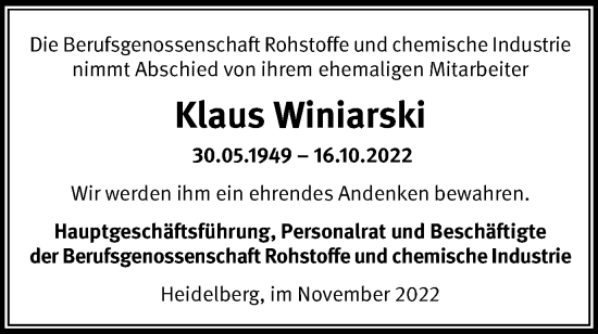 Traueranzeige von Klaus Winiarski von Tageszeitung