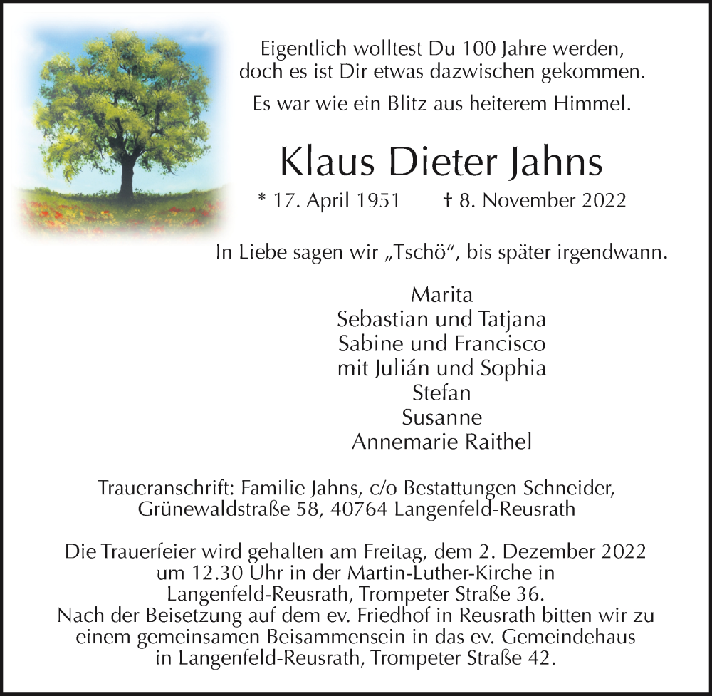  Traueranzeige für Klaus Dieter Jahns vom 19.11.2022 aus WVW Anzeigenblätter
