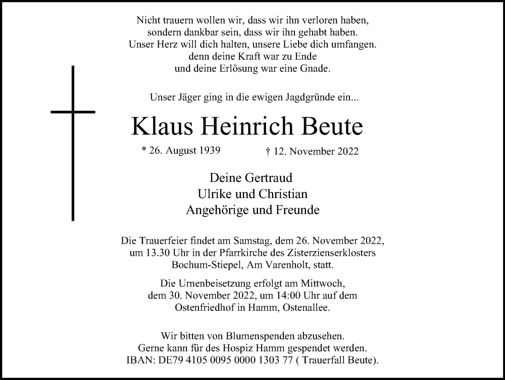  Traueranzeige für Klaus Heinrich Beute vom 19.11.2022 aus Tageszeitung