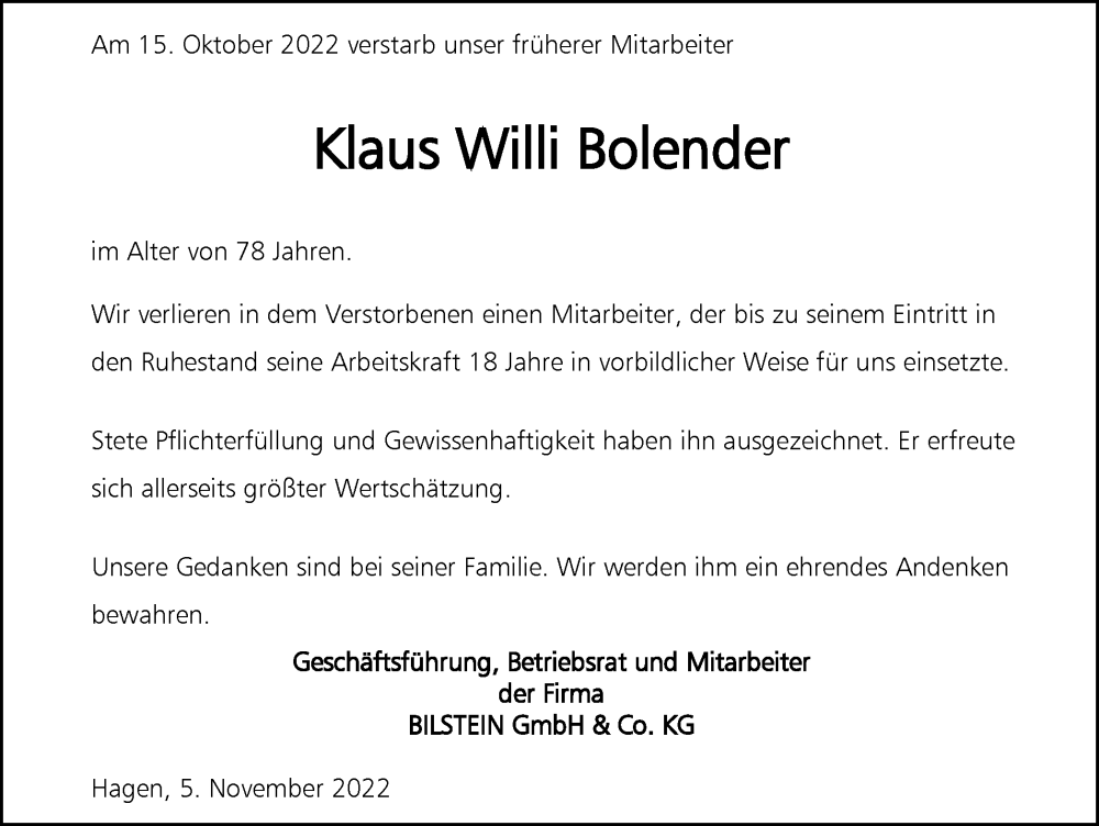  Traueranzeige für Klaus Willi Bolender vom 05.11.2022 aus Tageszeitung