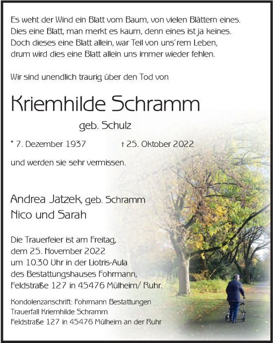 Traueranzeige von Kriemhilde Schramm von Tageszeitung