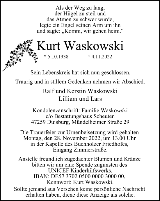 Traueranzeige von Kurt Waskowski von Tageszeitung
