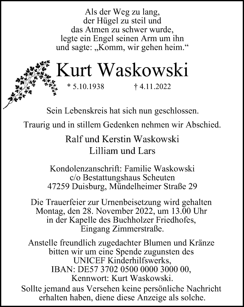  Traueranzeige für Kurt Waskowski vom 23.11.2022 aus Tageszeitung