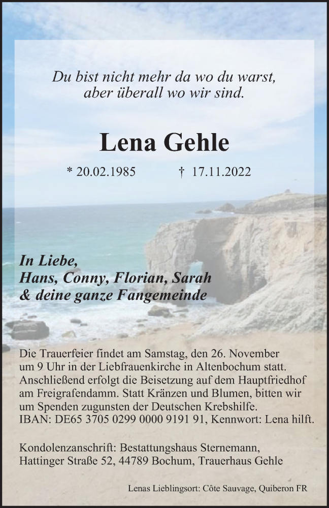  Traueranzeige für Lena Gehle vom 22.11.2022 aus Tageszeitung