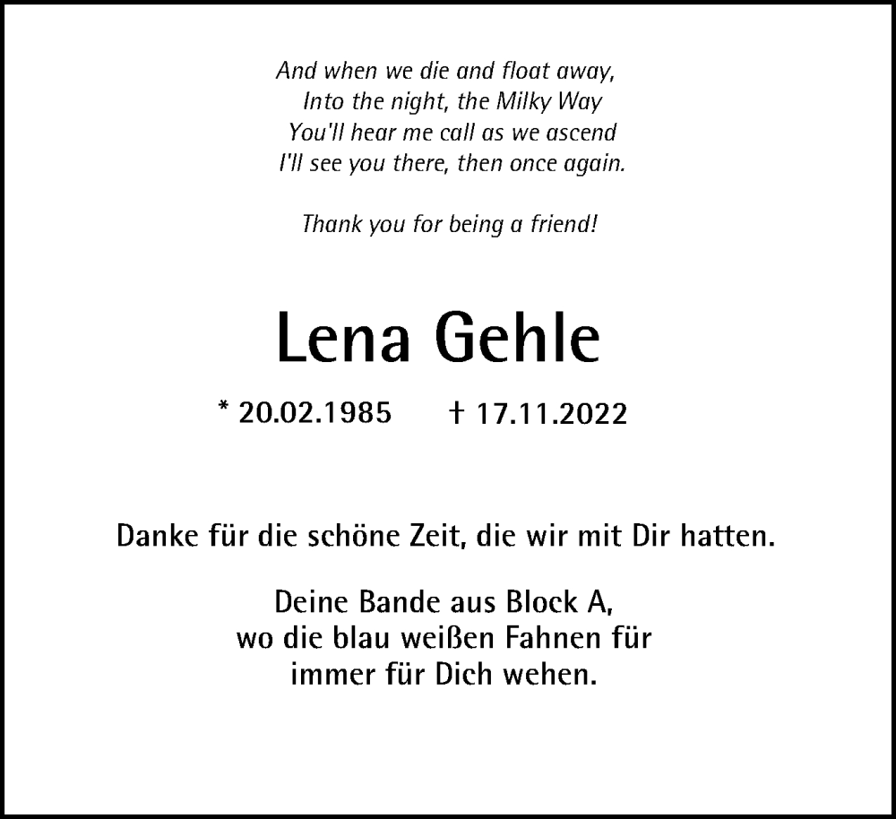  Traueranzeige für Lena Gehle vom 24.11.2022 aus Tageszeitung