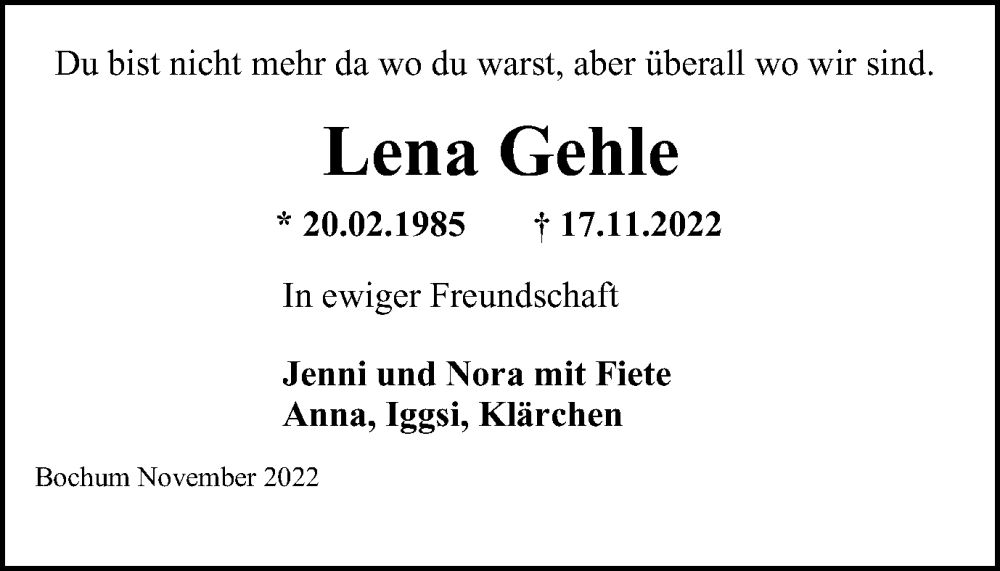  Traueranzeige für Lena Gehle vom 26.11.2022 aus WVW Anzeigenblätter