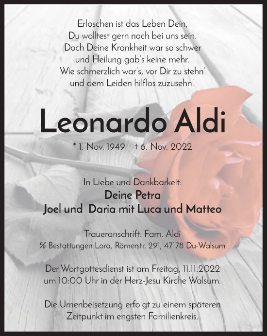 Traueranzeige von Leonardo Aldi von Tageszeitung