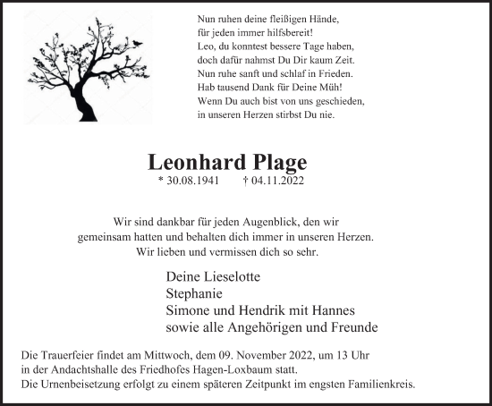 Traueranzeige von Leonhard Plage von Tageszeitung