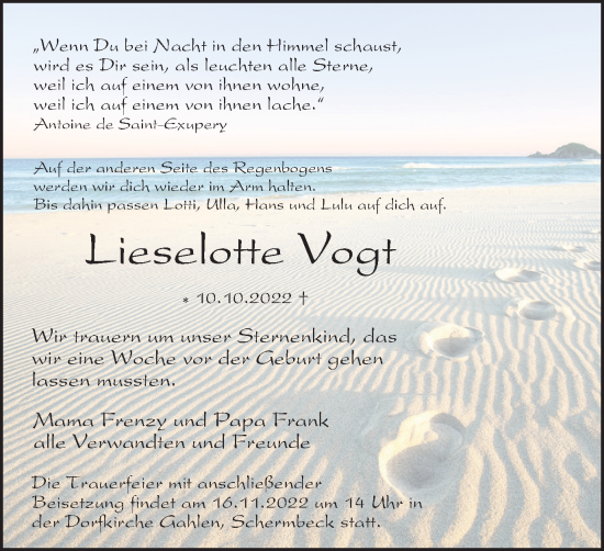 Traueranzeige von Lieselotte Vogt von Tageszeitung