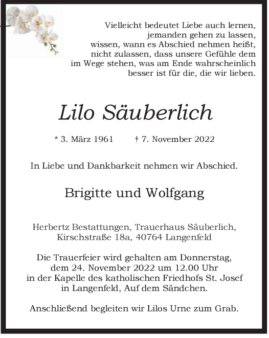 Traueranzeige von Lilo Säuberlich von Tageszeitung