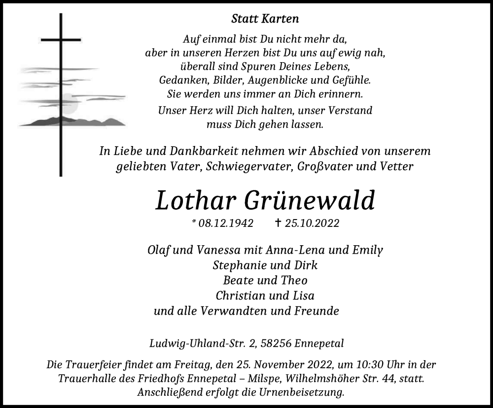  Traueranzeige für Lothar Grünewald vom 19.11.2022 aus Tageszeitung