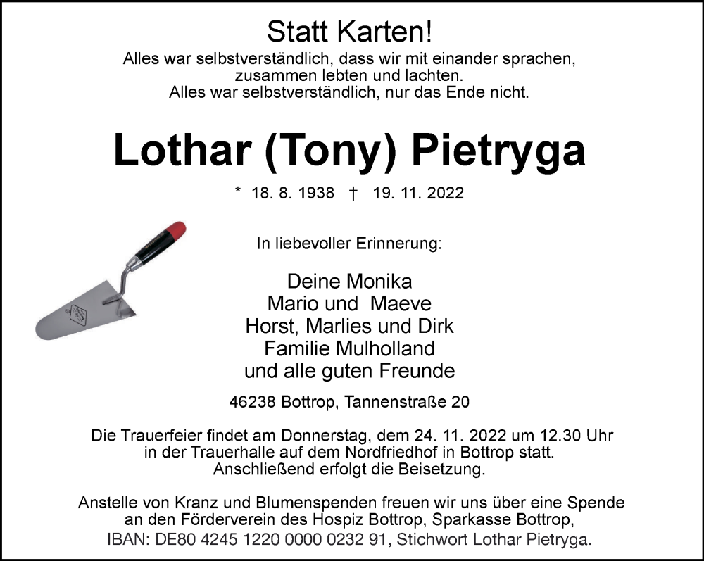 Traueranzeige für Lothar Pietryga vom 22.11.2022 aus Tageszeitung
