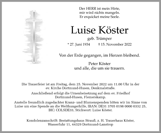 Traueranzeige von Luise Köster von Tageszeitung