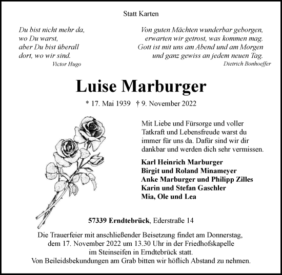 Traueranzeige von Luise Marburger von Tageszeitung