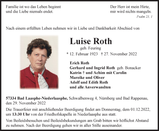Traueranzeige von Luise Roth von Tageszeitung