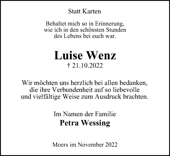 Traueranzeige von Luise Wenz von Tageszeitung