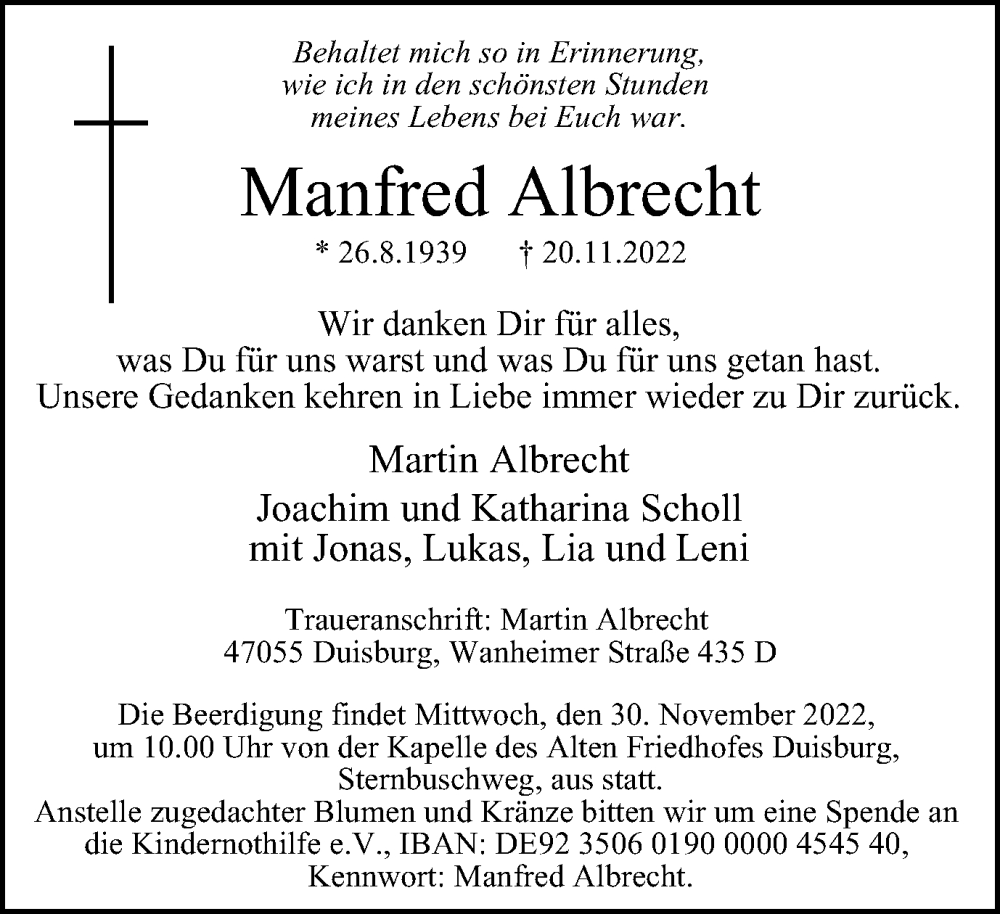  Traueranzeige für Manfred Albrecht vom 23.11.2022 aus Tageszeitung