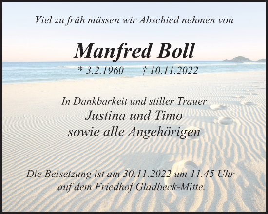 Traueranzeige von Manfred Boll von WVW Anzeigenblätter