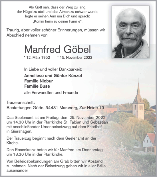 Traueranzeige von Manfred Göbel von Tageszeitung