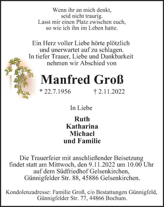 Traueranzeige von Manfred Groß von Tageszeitung